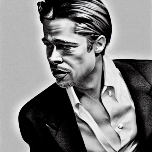 Prompt: Brad Pitt portrait, vintage magazine illustration 1950