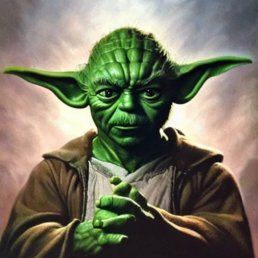 Image similar to ultra realistic portrait painting of tom selleck as yoda, art by frank frazetta, 4 k, ultra realistic, highly detailed, epic lighting