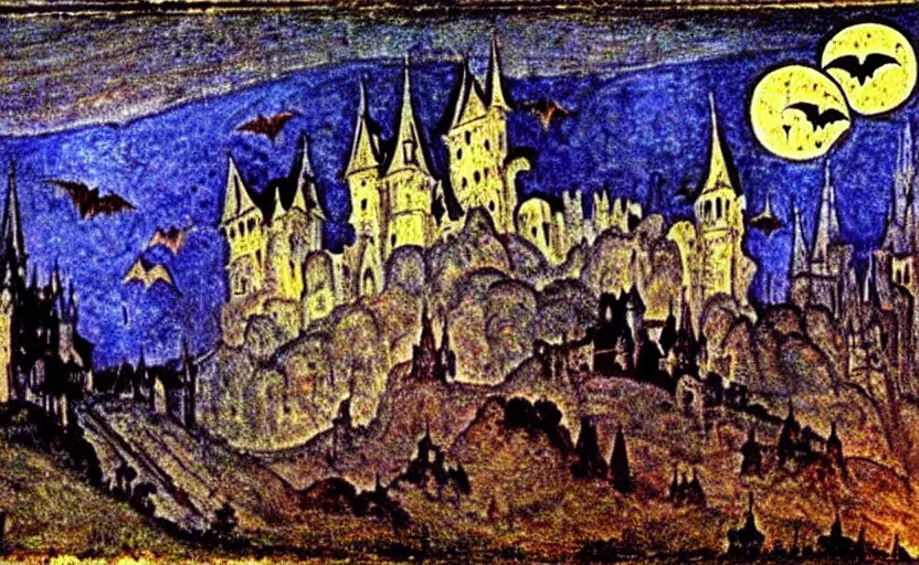 Image similar to medieval painting by mikhail vrubel, full moon, french gothic burning! castle, bats flying away from castle, blur, bokeh,