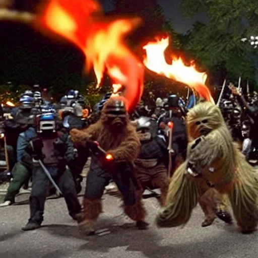 Image similar to a still of hundreds of ewoks rioting in front of a the white house in washington.!!!, flaming torches and pitchforks