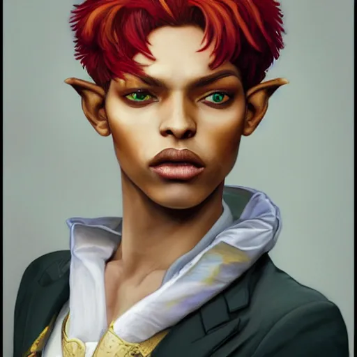 Image similar to dnd character portrait of a beautiful and androgynous half - elf with messy short red hair and catlike features and almond skin tone and yellow eyes with slit pupils, golden hour, wearing a colorful men's suit, realistic painting by kehinde wiley and tasha beckwith and ross tran and gerald brom and alphonse mucha, trending on artstation