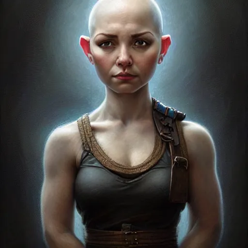 Prompt: portrait of a beautiful cute strong brave realistic! female gnome engineer, textured short black hair shaved undercut, whole head visible!, d & d, micro detail, intricate, elegant, highly detailed, centered, rule of thirds, artstation, sharp focus, illustration, artgerm, tomasz alen kopera, donato giancola, wlop