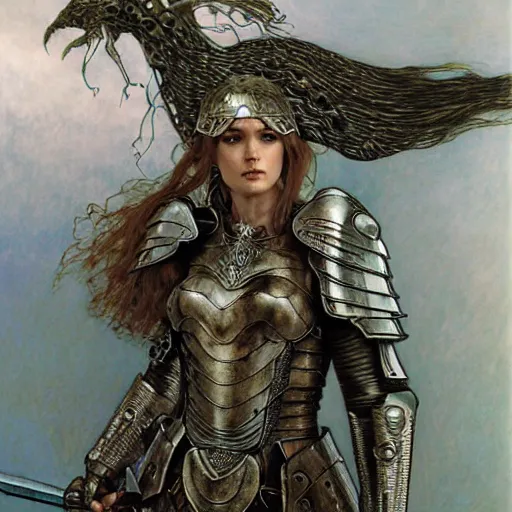 Image similar to quarter length portrait of a armored female valkyrie paladin, d & d, fantasy, luis royo, magali villeneuve, donato giancola, wlop, krenz cushart, hans zatka, klimt, alphonse mucha