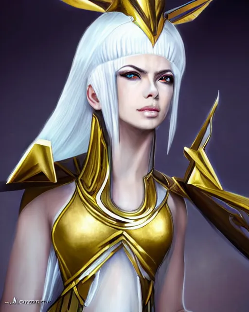 Image similar to perfect white haired attractive egyptian goddess, warframe armor, pharaoh headdress, beautiful, symmetric, dreamy, half asian, pretty face, green eyes, charlize theron, detailed, scifi platform, laboratory, experiment, 4 k, ultra realistic, epic lighting, android body, illuminated, cinematic, masterpiece, art by akihito tsukushi, voidstar