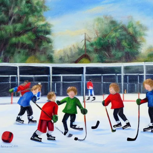 Image similar to a painting of a group of kids playing hockey in an outdoor rink