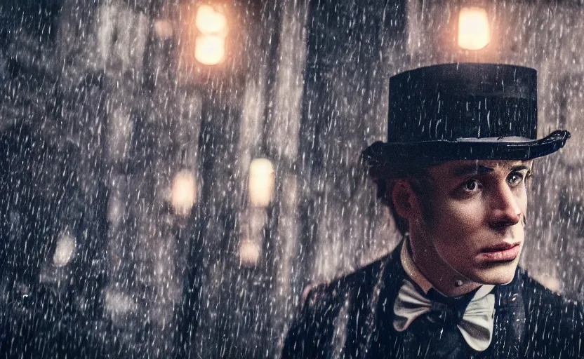 Image similar to cinestill 5 0 d candid photographic portrait by david cronenberg of baroque steampunk cyborg gentleman wearing an edwardian suit and top hat, modern cyberpunk moody emotional cinematic, closeup, pouring rain menacing lights shadows, 8 k, hd, high resolution, 3 5 mm, f / 3 2, ultra realistic faces, ex machina