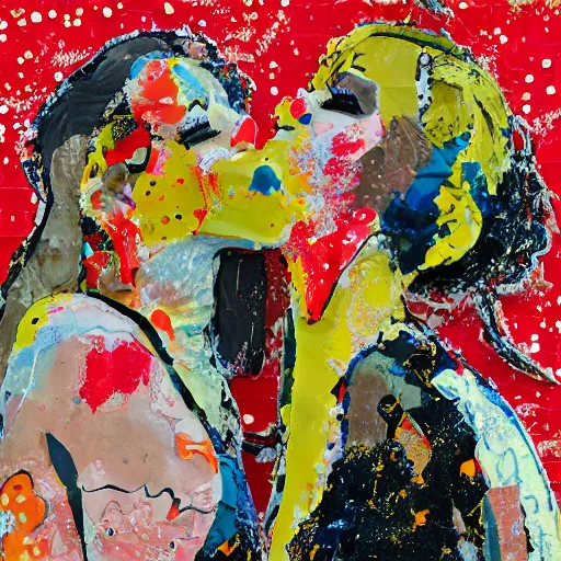 Image similar to two lobster women kissing at a carnival, mixed media collage, retro, paper collage, magazine collage, acrylic paint splatters, bauhaus, abstract claymation, layered paper art, sapphic visual poetry expressing the utmost of desires by jackson pollock