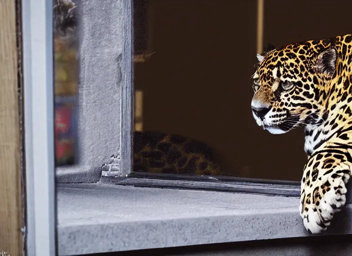 Image similar to photography of a Jaguar Cat . watching outside the window. on a bed. in a 70's room full of vinyls and posters, photorealistic, award winning photo, 100mm, sharp, high res