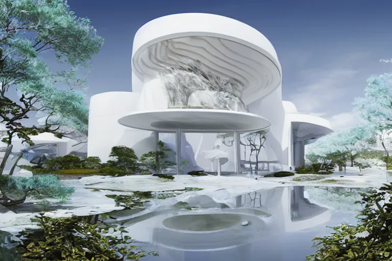 Image similar to futuristic luxurios chic Japanese house with Singaporean lush sakura trees, white and royal blue theme, sakura season, advanced, expensive architecture, elegant, at Salar De Uyuni with Hexagonal formations on the surface of salt crystallization, sandwiched between sedimentary deposits, bubbling geysers, marvellous reflection of the sky, digital painting, concept art, smooth, sharp focus, from Star Trek 2021, illustration, by WLOP and Ruan Jia and Mandy Jurgens and William-Adolphe Bouguereau, Artgerm