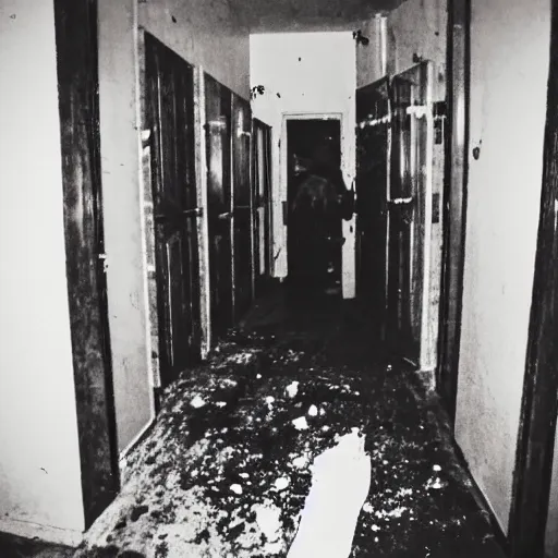 Image similar to pov of a person stuck in the backrooms, with dim lights, a trail of blood, and a corpse.