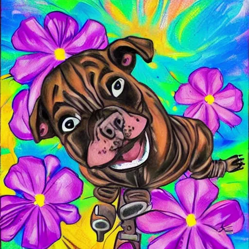 Image similar to brindle pitbull playing roller derby with skates happy surrounded by flowers tattoo style. painting. impressionist. big paint strokes. colorful.