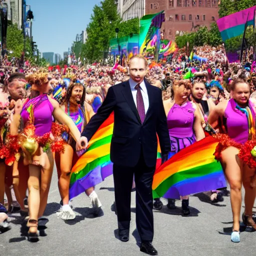 Image similar to putin in a pride parade lifted by large hairy men, film still, photography, high detail, 8 k, 4 k, focused