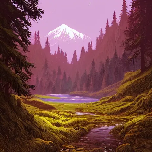 Prompt: a beautiful landscape with trees and mountains, by dan mumford, artstation, behance, highly detailed, concept art, dramatic lighting, magic hour lighting