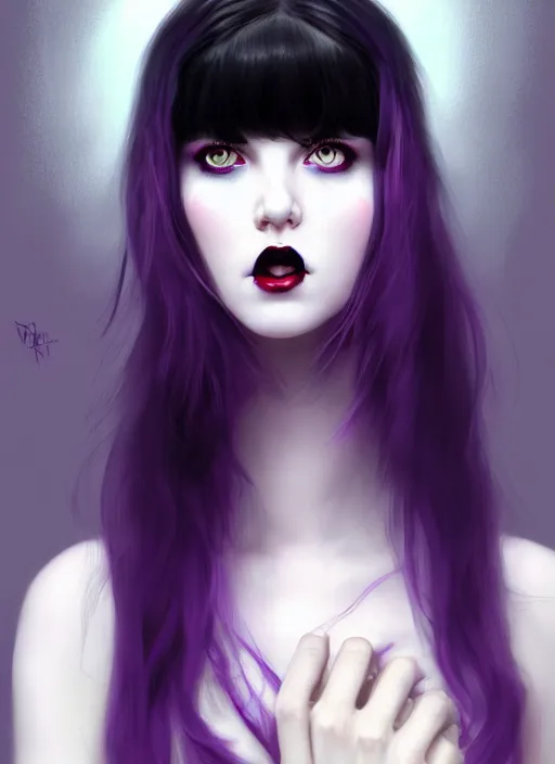 Image similar to portrait of white teenage girl, normal face, black bangs, mall goth, cyberlox, black and white hair, bangs, fluffy bangs, red contacts, purple lipstick, intricate, elegant, highly detailed, digital painting, artstation, concept art, sharp focus, smooth, illustration, art by wlop, mars ravelo and greg rutkowski