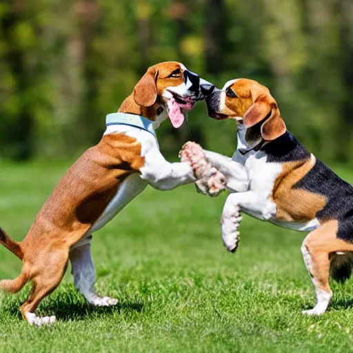 Prompt: beagle dog's fist fighting each other