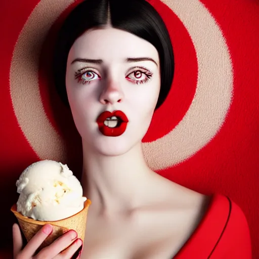 Image similar to cute girl in red dress with black hair and large beautiful eyes consuming ice cream in her bed, digital art, full body shot, perfect symmetrical body, perfect symmetrical face, coherent symmetrical eyes, by peter kemp, by monia merlo, hyperdetailed, octane render, 8 k