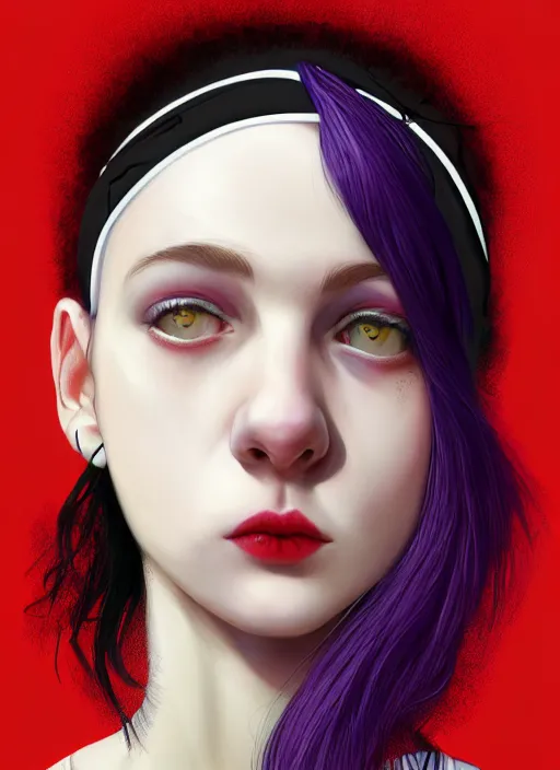 Image similar to portrait of white teenage girl named shrill prisston, normal face, black bangs, mall goth, cyberlox, black hair white bangs, fluffy bangs, red irises, purple hairband, intricate, elegant, highly detailed, digital painting, artstation, concept art, sharp focus, smooth, illustration, art by wlop, mars ravelo and greg rutkowski