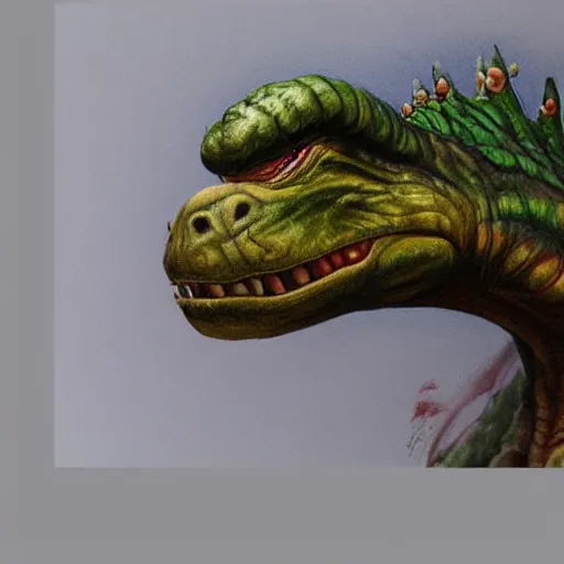 Image similar to An ultra realistic portrait painting of Yoshi the Dinosaur in the style of Frank Frazetta, 4k, Ultrarealistic, Highly Detailed, Dark Fantasy, Epic Lighting