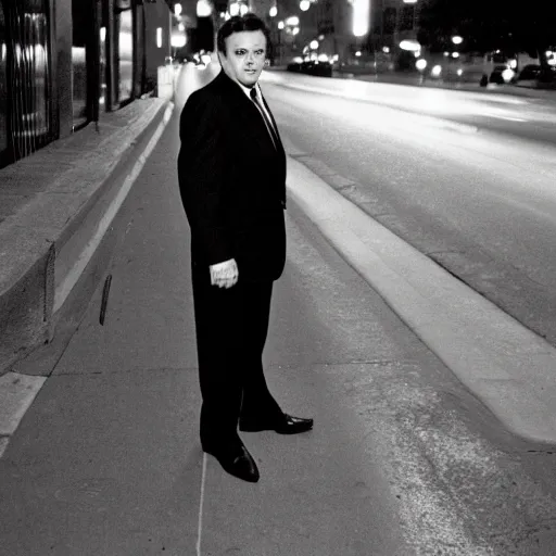 Image similar to 1 9 9 6 nathan lane wearing a black suit and necktie standing on the streets of chicago at night.