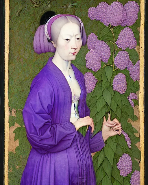 Image similar to portrait of a woman with lilac long hair wearing a baggy blue pajama, standing in a big garden full of plants and, intricate details, high detail, in the style of rogier van der weyden and jacopo da pontormo, punk, asian art,