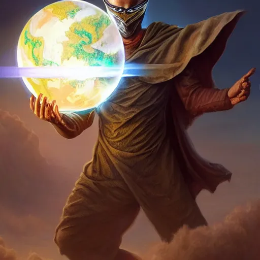 Image similar to masked nomad male wearing a cloak on an alien world and holding a holographic planet projection in his hand, detailed, sci - fi, digital painting, artstation, sharp focus, illustration, ominous, artgerm, tomasz alen kopera, peter mohrbacher, donato giancola, joseph christian leyendecker, wlop, frank frazetta