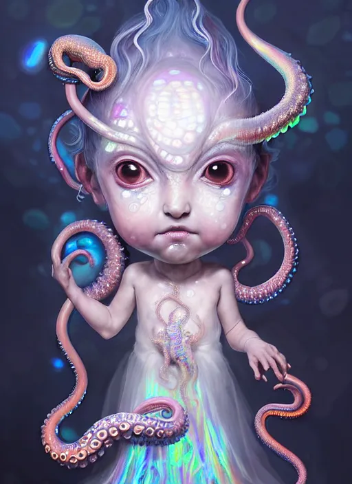 Image similar to A full shot of a cute magical monster Cryptid wearing a dress made of opals and tentacles. Chibi. Subsurface Scattering. Translucent Skin. Caustics. Prismatic light. defined facial features, symmetrical facial features. Opalescent surface. Soft Lighting. beautiful lighting. By Giger and Ruan Jia and Artgerm and WLOP and William-Adolphe Bouguereau and Loish and Lisa Frank. Sailor Moon. trending on artstation, featured on pixiv, award winning, sharp, details, intricate details, realistic, Hyper-detailed, HD, HDR, 4K, 8K.