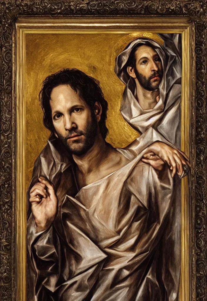 Prompt: The Passion of Actor Paul Rudd, detailed oil painting, beautiful, El Greco, gilded museum frame, religious art, 4k UHD