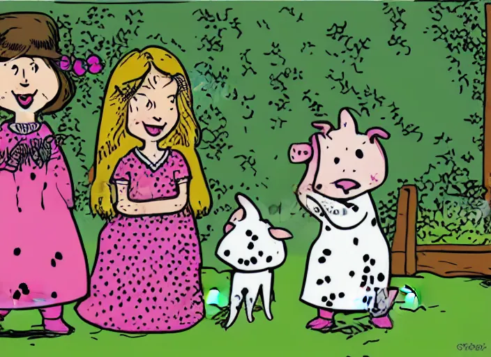 Image similar to antifa girl and a piglet and a duchess and a baby dalmatian hanging out in a garden. vintage comic style drawing