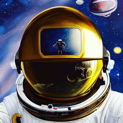 Image similar to “astronaut on board international space station wearing black space suit and gold helmet, highly detailed, realistic, portrait, no flag patch, symmetrical, photorealistic, proportional, beauty, fish eye lens, nasa, spacex, galaxies, in the style of Edward hooper oil painting sun rising”