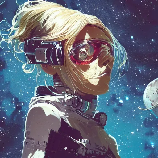 Prompt: highly detailed portrait of a young astronaut lady with a wavy blonde hair and femine figure, by Dustin Nguyen, Akihiko Yoshida, Greg Tocchini, Greg Rutkowski, Cliff Chiang, 4k resolution, punk inspired, nier inspired, gravity rush inspired, vibrant but dreary gold, blue, opal, black and white color scheme!!! ((Space nebula background))