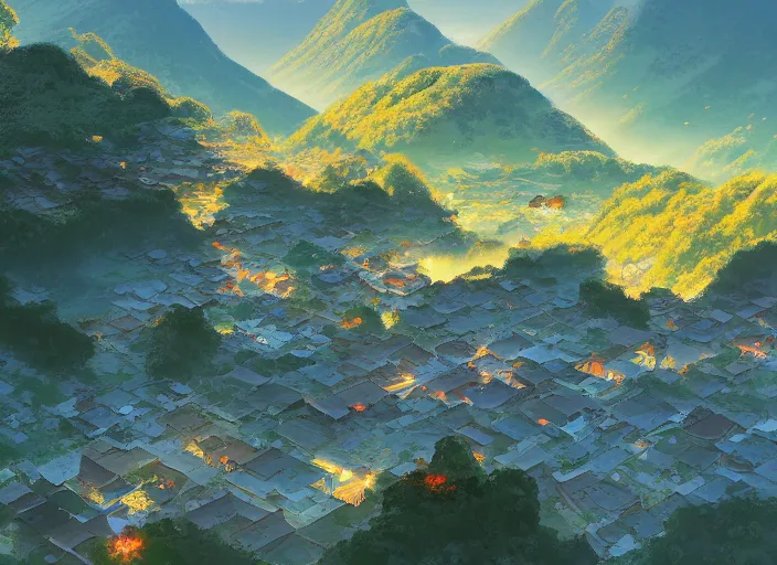 Image similar to concept art painting of a european japanese village in a valley seen from above, early morning, cel shaded, by makoto shinkai and moebius and anton fadeev and james gurney