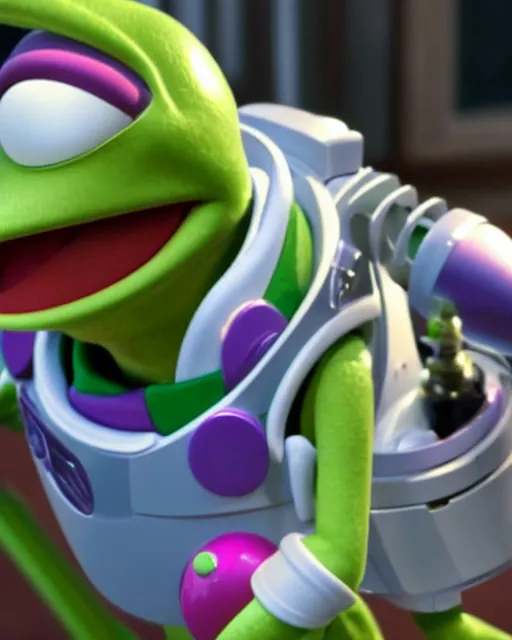 Image similar to Film still close-up shot of kermit the frog as Buzz Lightyear in the movie Toy Story 3. Photographic, photography