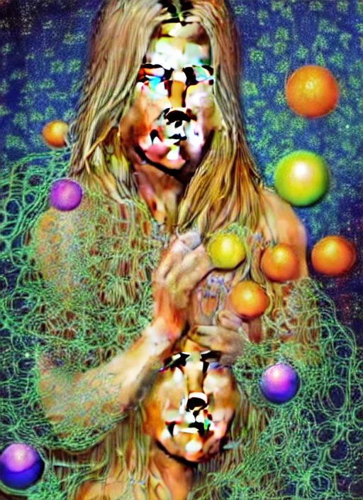 Prompt: hyper detailed 3d render like a Oil painting - Jennifer Anniston with blonde hair in thick mascara seen seriously making soap bubbles and Eating of the Strangling network of spaghetti and exotic colorful trees and Her delicate Hands hold of orange parrots bring iridescent luminescent trees whose blossoms black the intelligent stars by Jacek Yerka, Mariusz Lewandowski, Houdini algorithmic generative render, Abstract brush strokes, Masterpiece, Edward Hopper and James Gilleard, Zdzislaw Beksinski, Mark Ryden, Wolfgang Lettl, Dan Hiller, hints of Yayoi Kasuma, octane render, 8k