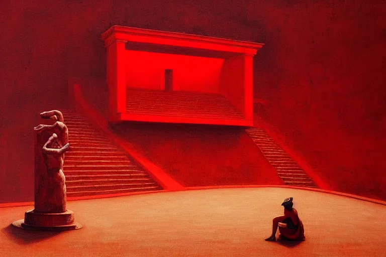 Image similar to only with red, a red melted emperor in an authoritarian position, taormina amphitheatre, crowd hails him, in the style of beksinski, parts by edward hopper, parts by rodcenko, parts by yue minjun, intricate and epic composition, red by caravaggio, insanely quality, highly detailed, masterpiece, red light, artstation, 4 k