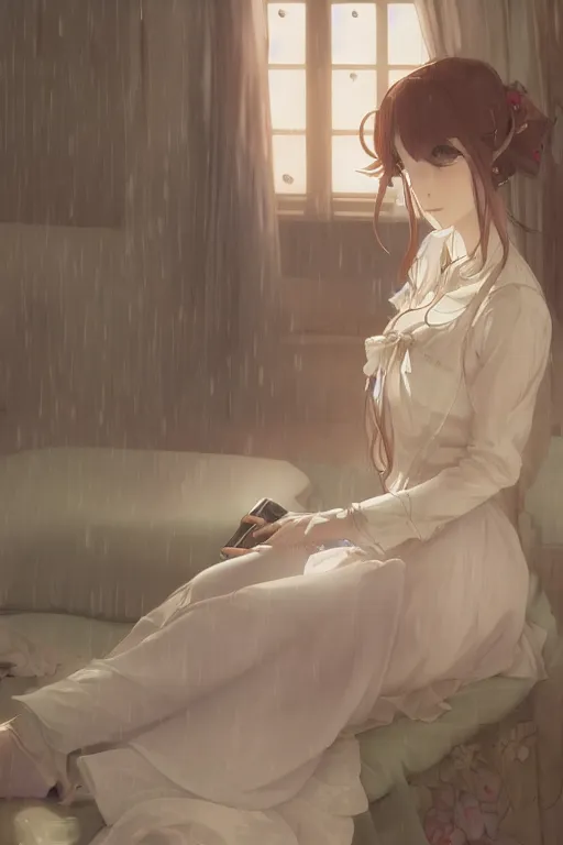 Prompt: a girl in a maid's outfit in the bedroom typing front the notebook a night, raining outside the window, wavy white long hair, by krenz cushart and mucha and akihito yoshida and makoto shinkai and greg rutkowski, 4 k resolution