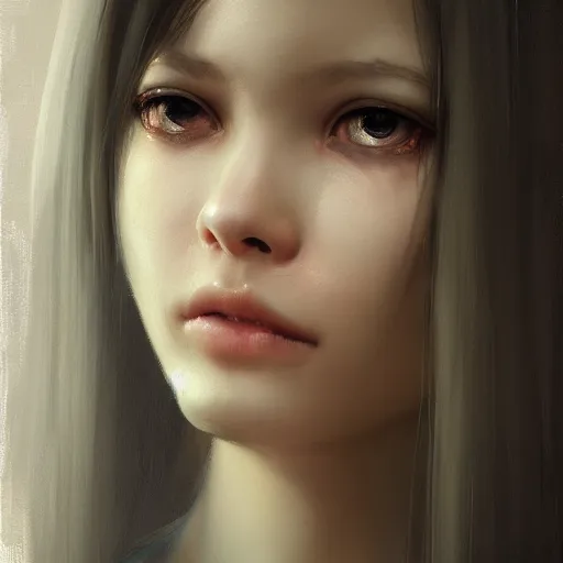 Image similar to a cute girl by ruan jia, 8 k, closeup headshot, smooth, trending on artstation, black long hair, black eyes, movie poster style