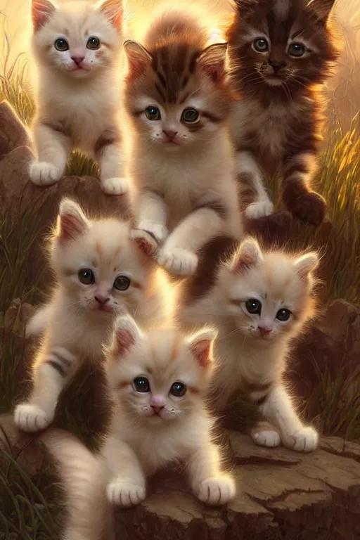 Prompt: clear portrait of a pack of kittens, cottagecore!!, background hyper detailed, character concept, full body, dynamic pose, glowing lights!! intricate, elegant, highly detailed, digital painting, artstation, concept art, smooth, sharp focus, illustration, art by artgerm and greg rutkowski and alphonse mucha