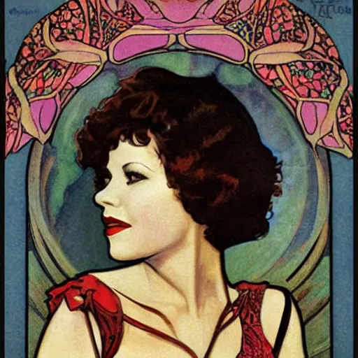 Image similar to clara bow, mucha style, art nouveau, art deco,