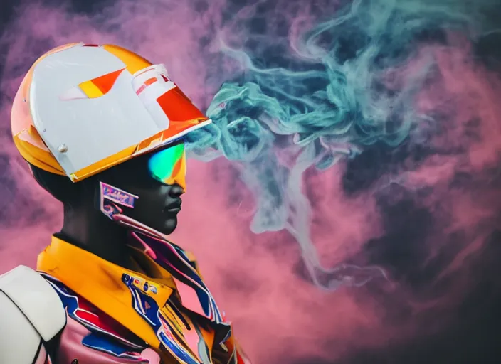 Image similar to extremely beautiful photo of a white marble statue of an anime girl with colorful motocross logos and motorcycle helmet with closed visor, colorful smoke in the background, carved marble statue, fine art, neon genesis evangelion, virgil abloh, offwhite, denoise, highly detailed, 8 k, hyperreal