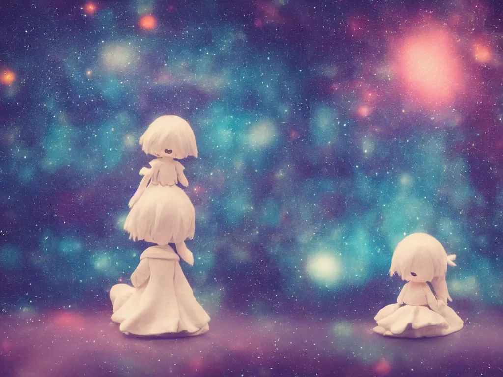 Prompt: cute fumo plush girl sitting on a small island floating in the dark galactic abyss, vignette, bokeh, vray