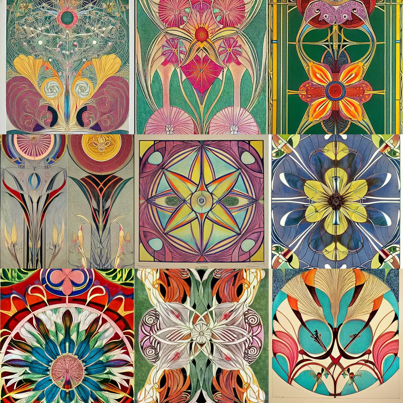 Prompt: flower ( ( art deco ) ) ( ( art nouveau ) ), intricate detail, ( colorful ), ( symmetrical ), by ( hilma af klint ) and escher and ( botticelli ) and frank lloyd wright and ( ( james jean ) )