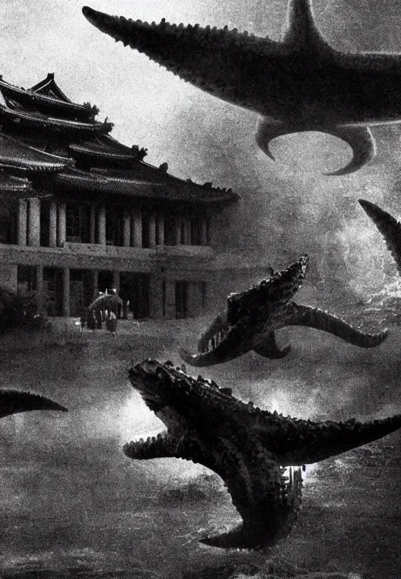 Prompt: a filmstill of a north korean monster movie, kaiju - eiga monster starfish - like trampling a traditional korean palace, foggy, film noir, video compression