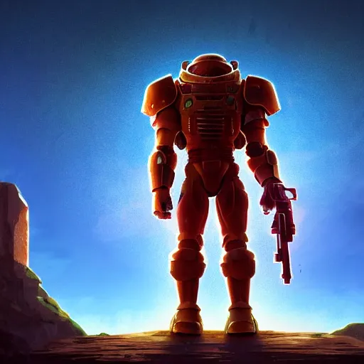 Image similar to a wholesome animation key shot of a doomguy, close up, studio ghibli, pixar and disney animation, sharp, rendered in unreal engine 5, clear sky, anime key art by greg rutkowski, bloom, dramatic lighting