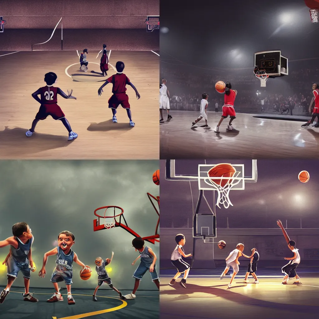 Prompt: photograph of midgets playing basketball, basketball court, concept art, cinematic, 4k