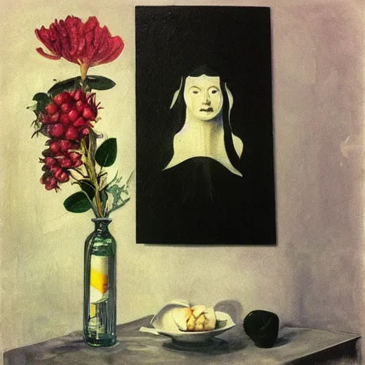 Image similar to “a portrait in an art student’s apartment, a vase in the shape of a feminine pig, pork, ikebana white flowers, white wax, squashed berries, acrylic and spray paint and oilstick on canvas, by munch and Dali”