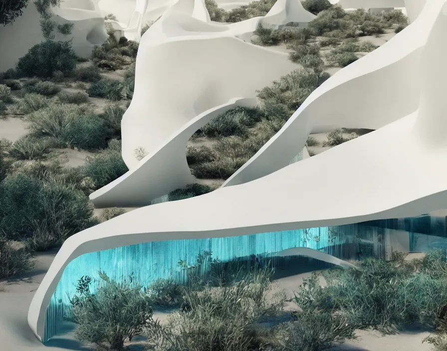 Image similar to desert, white minimalist architecture, stone grotto in the center, portal. zaha hadid, oscar niemeyer, architectural rendering. trending on artstation. vogue magazine. halo. octane rendering, cinematic, hyperrealism, bokeh. iridescent accents. teal gold and blue color scheme