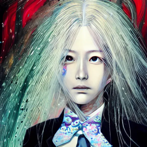 Prompt: yoshitaka amano realistic illustration of a manga girl with black eyes and long wavy white hair wearing dress suit with tie and surrounded by abstract junji ito style patterns in the background, blurry and dreamy illustration, noisy film grain effect, highly detailed, oil painting with expressive brush strokes, weird portrait angle, twin peaks color palette