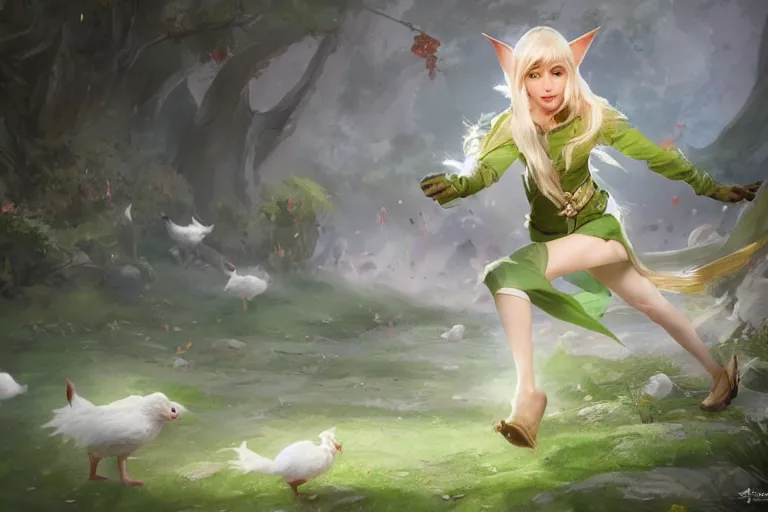 Image similar to a blonde elf wearing a green tunic running away from a flock of white chickens , made by Stanley Artgerm Lau, WLOP, Rossdraws, ArtStation, CGSociety, concept art, cgsociety, octane render, trending on artstation, artstationHD, artstationHQ, unreal engine, 4k, 8k,