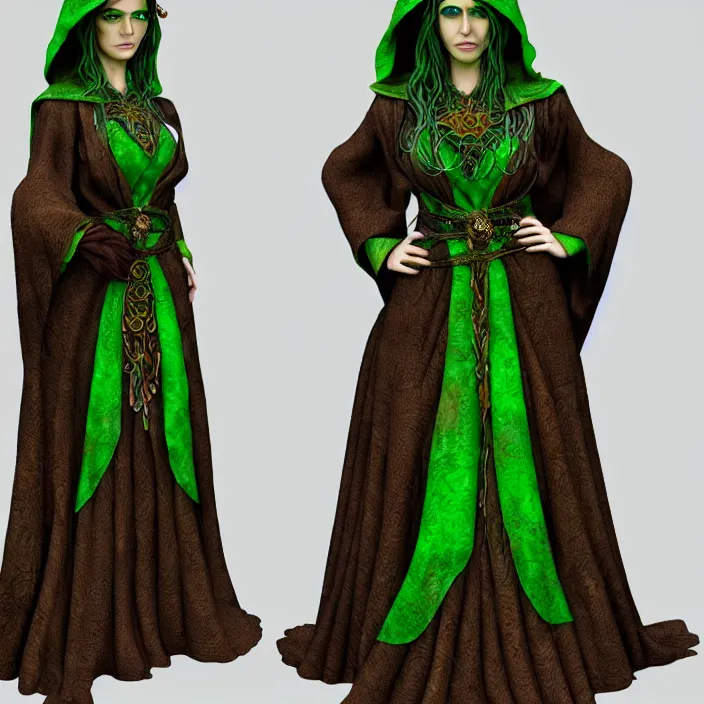 Image similar to full length photo of a very beautiful!! elemental earth witch with ornate green and brown robes, highly detailed, 4 k, hdr, smooth, sharp focus, high resolution, award - winning photo