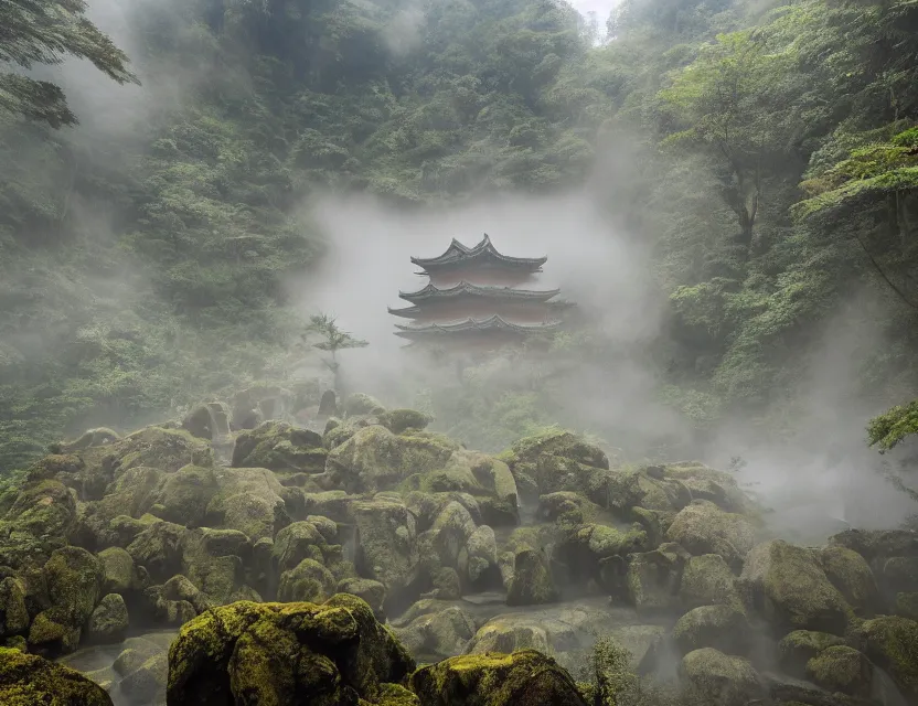 Image similar to a cinematic photo of epic ancient japanese hot springs temples on the top of a mountain in a misty bamboo cloud forest with waterfalls in winter